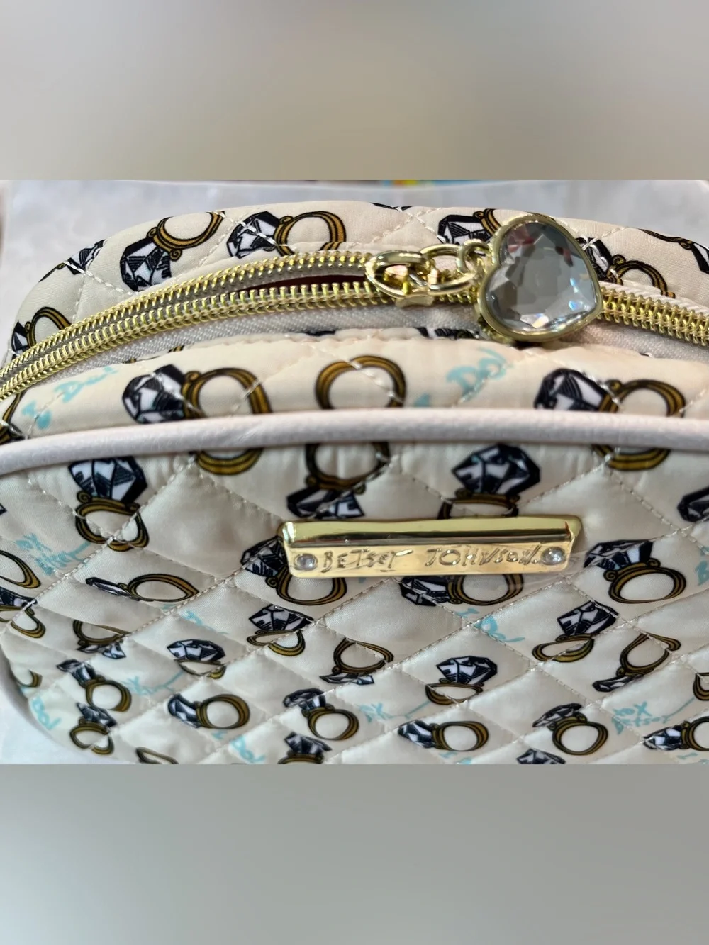 Betsey Johnson Quilted Cosmetic Pouch with Heart Charm